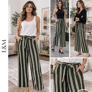 E&M Olive Green & White Striped Pants – Size Large, EUC!